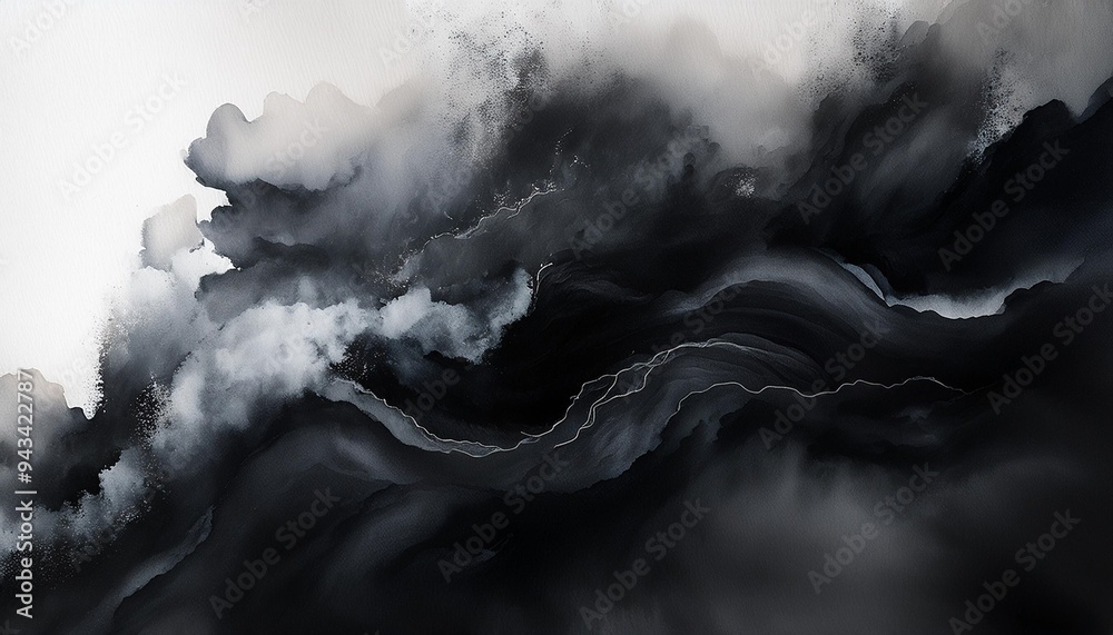 Sticker abstract black watercolor background painting dark black abstract stormy waves and spray in painted texture with soft blurred white fog or haze