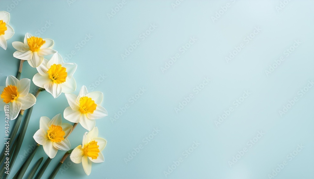 Sticker minimal light blue spring background with daffodils