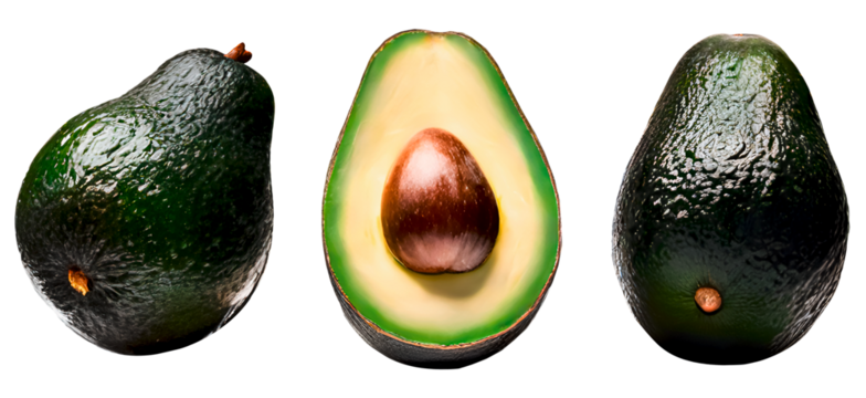 Set of 3 ripe avocados isolated on white. Two avocados and one cut-in-half slice with the seed. Healthy fruits superfood for nutrition, cooking, diet, vegetarian food blog, article or magazine