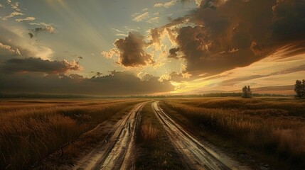 Road with tire tracks under a beautiful sky