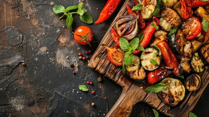 Roasted vegetables and mint on cutting board dark table top background