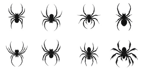 Black silhouettes of various spider species arranged in a grid pattern on a clean background