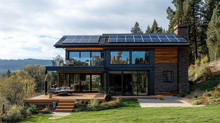 Contemporary eco-friendly home with solar panels and sustainable materials