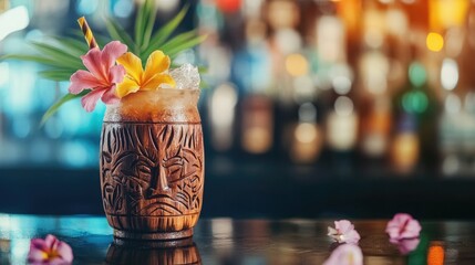 Exotic tiki cocktail in a carved wooden mug with tropical flowers on a bar