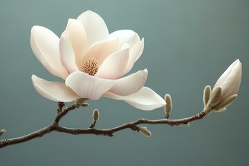 A single magnolia flower on a tree branch, with creamy white petals and a hint of pink