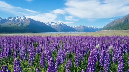 Fototapeta premium Field of purple lupines in bloom with mountains in the background