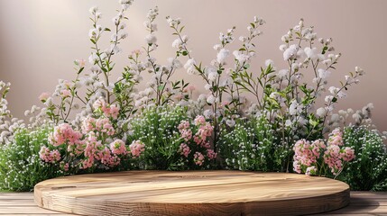 A wooden circular platform surrounded by a lush arrangement of white and pink flowers. The background is a soft, neutral color, enhancing the floral display.