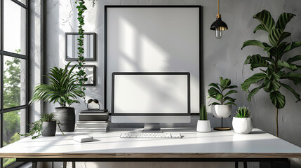 Modern home office with large screen, minimalistic decor, and lush plants, ideal for a bright and productive workspace environment