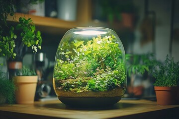 A small indoor terrarium with a variety of miniature plants, creating a tiny, self-contained ecosystem