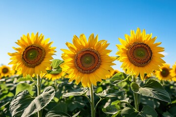 Fototapeta premium A vibrant field of sunflowers, each flower facing the sun under a clear blue sky