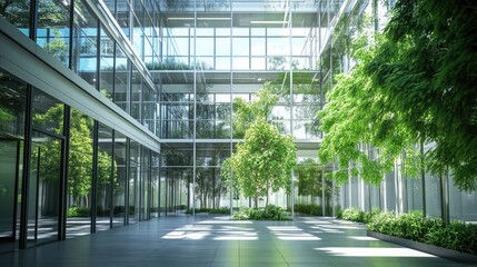 Modern glass and steel office building with an open atrium and greenery inside