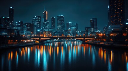 Naklejka premium Night view of a lit-up bridge and adjacent skyline in a modern metropolis