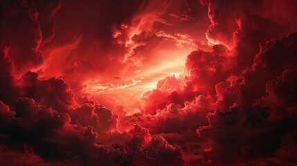 Dramatic sunset sky with red clouds and sun rays. Nature background.