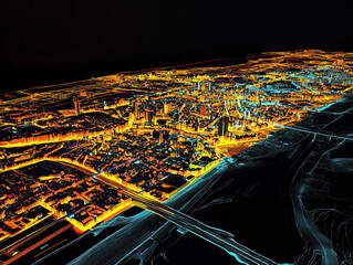 Technical aerial visual, 3D LiDAR GIS aerial map satellite scan model isolated, showing Bremen, Germany. Elevation, topography, render