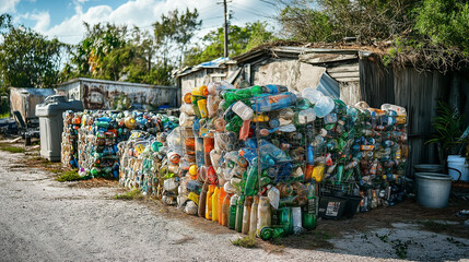Upcycling von M&uuml;ll M&uuml;llhaufen PET Flaschen Baum w&auml;chst aus M&uuml;ll heraus auf einem H&uuml;gel Mann in einem Gang M&uuml;lldeponie Kopf mit M&uuml;ll dargestellt Generative AI