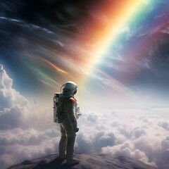 Naklejka premium PHOTO OF AN ASTRONAUT WATCHING THE RAINBOW