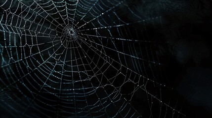 Obraz premium Spider web with dew drops closeup on dark background. Halloween concept.