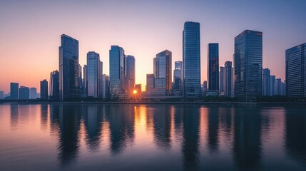 Obraz premium Skyscrapers along a river with reflections in the water during sunset