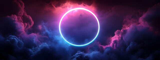 Obraz premium An abstract cloud illuminated with a neon light ring on a dark background, creating a surreal effect. A glowing geometric circle frame in the sky is surrounded by smoke and clouds.