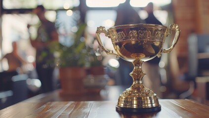 A golden trophy was placed on a table in front of an office. The trophy sits on the conference room table as the team celebrates in the background.