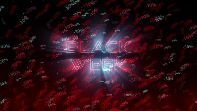 Black week animation with sales discount percentages -50% to -10% for mega sales and epic Cyber Deals on black friday deals or cyber monday with cyber deals and light rays for advertising black week