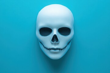 Fototapeta premium Halloween Background in minimal concept. Halloween masks, pastel blue background, flat design illustration, No logo, No Trademark, No text, minimal concept with copy space for stock photo