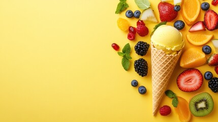 A single scoop of yellow ice cream in a waffle cone with fresh fruit and mint on a bright yellow background.