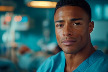 Fototapeta premium Medical professional in scrubs focuses on patient care in a hospital. copy space for text, medical advertising, medic blog banner