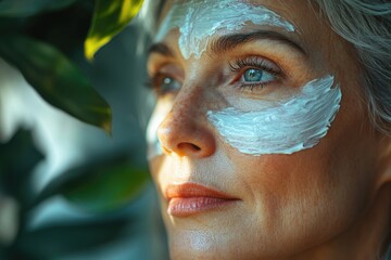 Fototapeta premium Mature Woman Applying Nourishing Anti-Aging Cream: Daily Beauty Routine & Facial Treatment