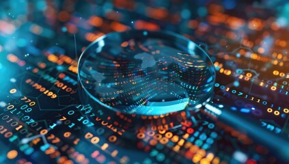Detailed IT Security Risk Assessment concept with a magnifying glass focused on a document amidst a tech-inspired environment