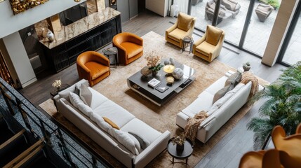 Contemporary living room from above featuring plush seating, stylish accents, and a harmonious color scheme.