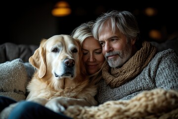 Affectionate Mature Couple Relaxing with Their Labrador Dog on a Cozy Sofa at Home