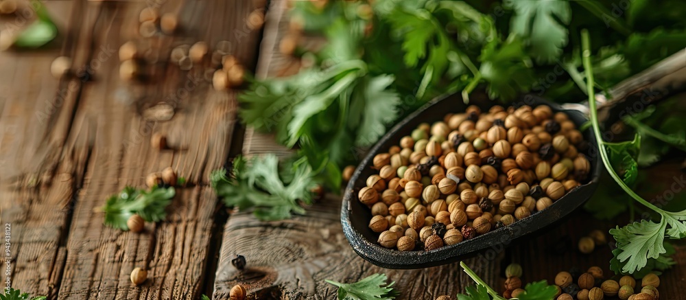 Aufkleber close up photograph of a scoop filled with dried coriander seeds and green leaves on a wooden surfac