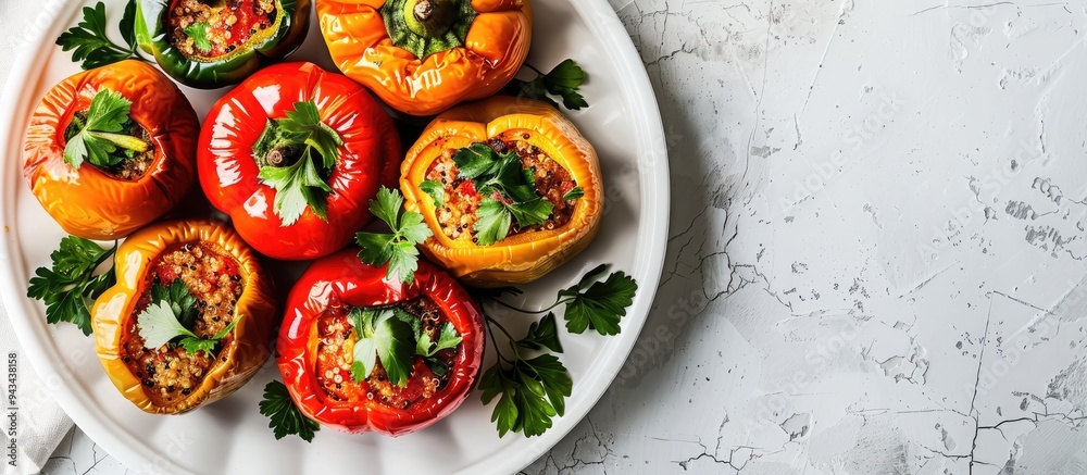 Poster close up of quinoa filled bell peppers and parsley arranged in a baking dish on a white table with a
