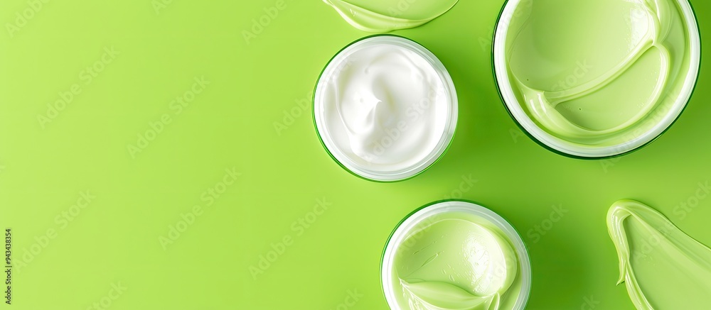 Poster Top view of face cream and gel on a green backdrop with space for text in the image. Creative banner. Copyspace image