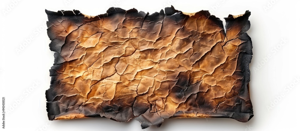 Aufkleber A charred sheet of paper set against a blank white backdrop with room for text or images. Creative banner. Copyspace image