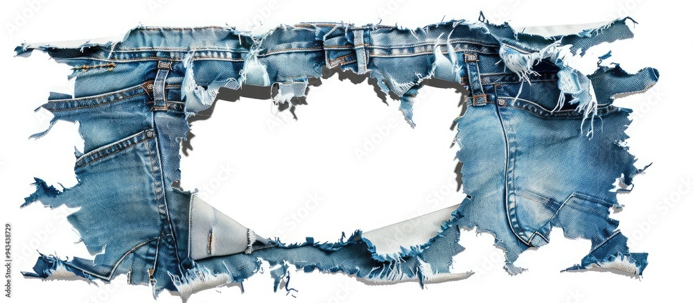 Poster ripped jeans displayed on a white background with a hole in the denim fabric ideal for a copy space 