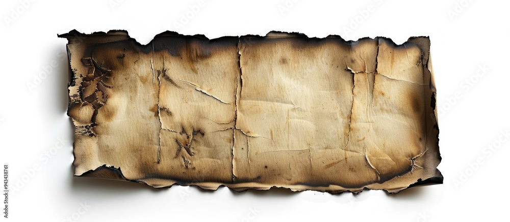 Aufkleber A charred sheet of paper set against a blank white backdrop with room for text or images. Creative banner. Copyspace image