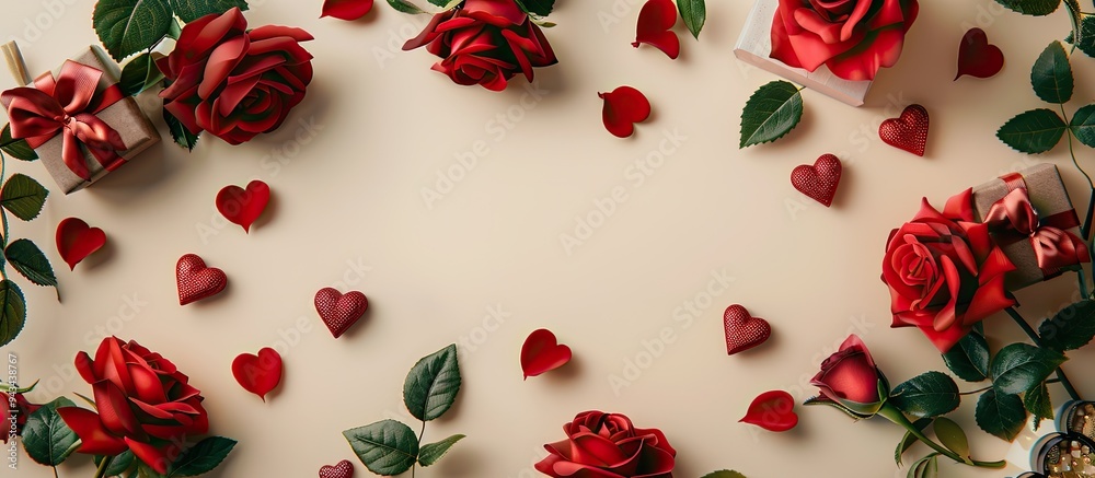 Aufkleber A top view flat lay arrangement with a frame of vibrant red roses a gift box and a heart on a beige background creating a display with ample copy space for customization