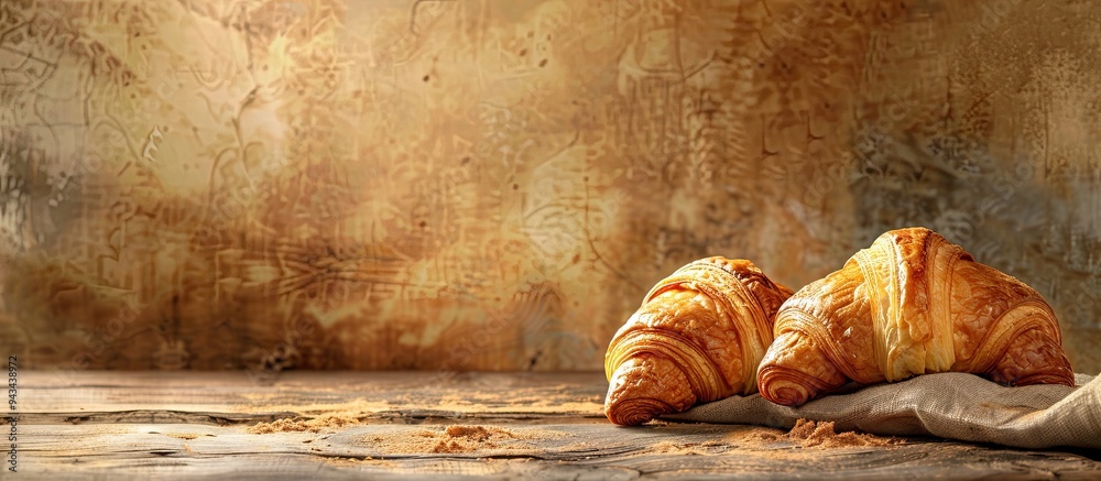 Poster french bakery meal with a fresh croissant on the table set against a rustic background with copy spa