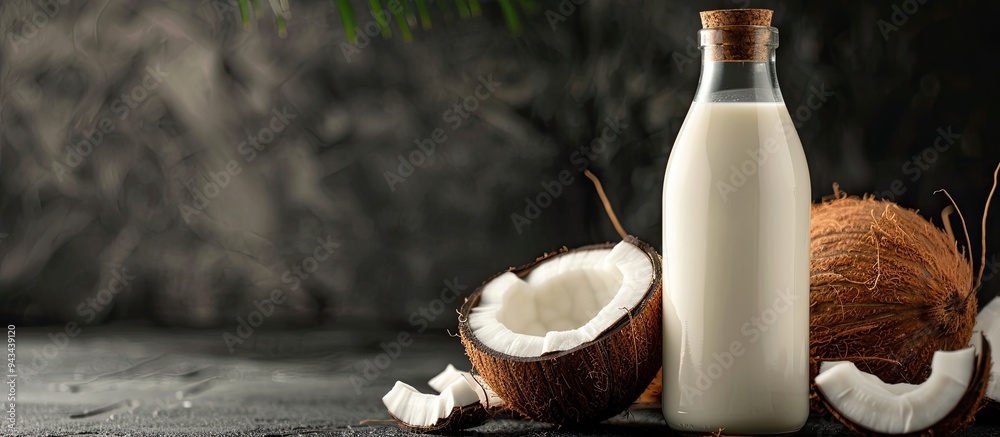 Aufkleber closeup of a delicious fresh coconut milk bottle against a black backdrop with space for text or ima