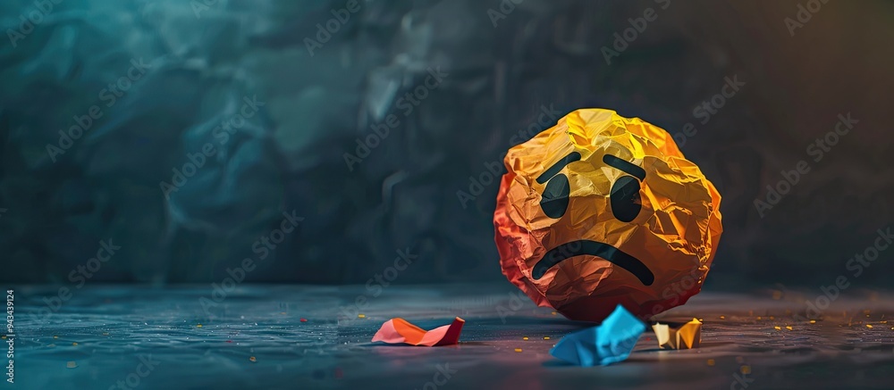 Poster Crumpled colored paper and an upset emoji on a dark background reflect failed attempts affecting motivation in the copy space image