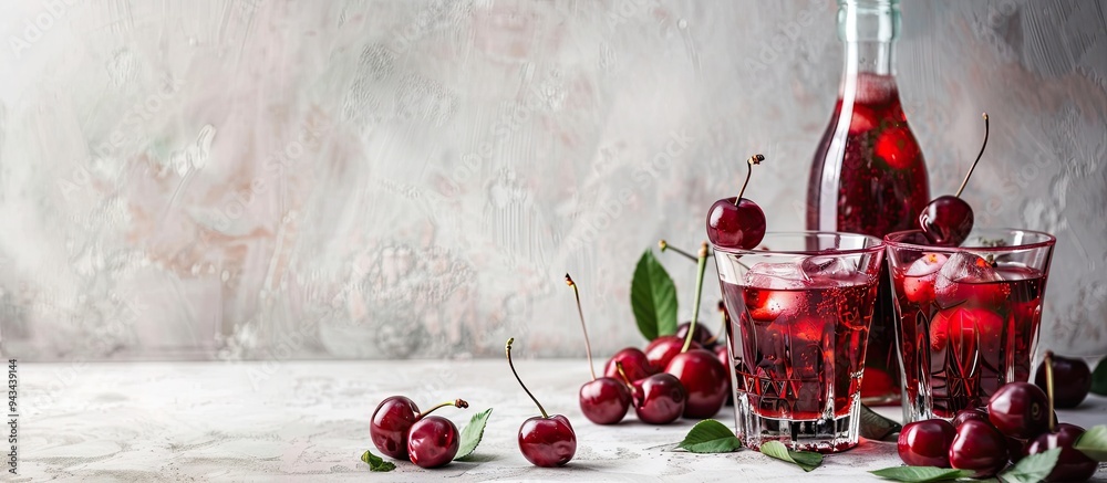 Poster cherry liqueur in glasses and a bottle with fresh berries on a light grey table ready for a caption 