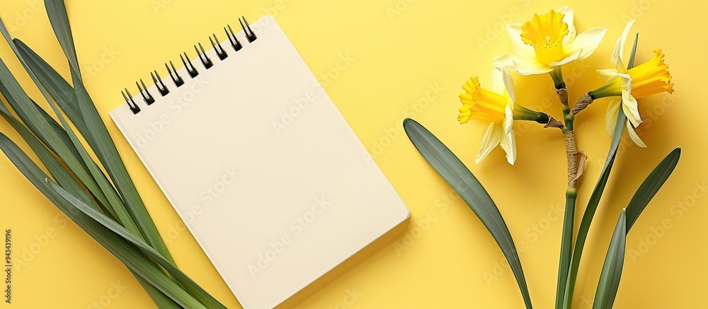 Poster Spring narcissus on a light yellow background with a blank notebook featuring a daffodil flower on it forming an Easter related design with a spacious area for text or a copy space image