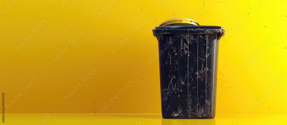 Poster A small trash can is placed against a backdrop of bright yellow with ample copy space image