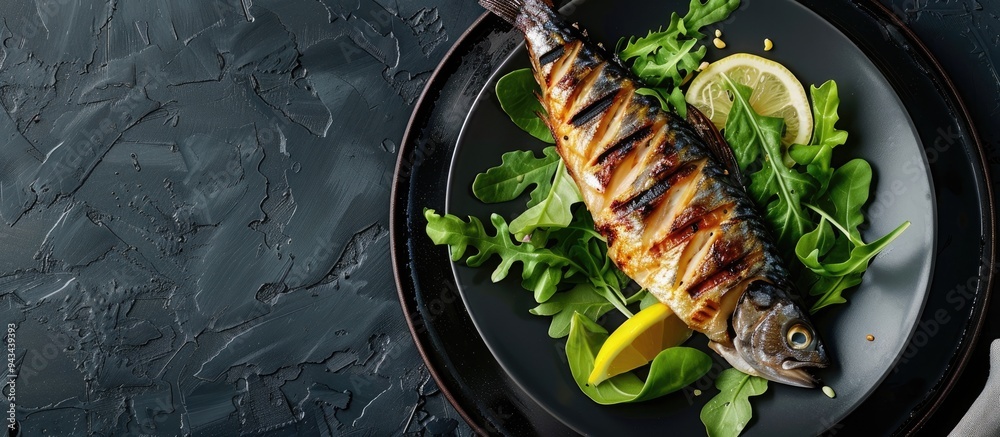 Leinwandbilder top view of grilled mackerel fish with greens and lemon on a plate against a dark background offerin