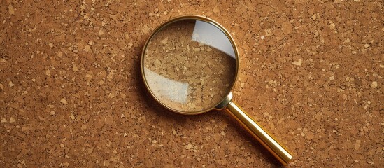 A magnifying glass on a cork board background suitable for detective work clues or adding text to complete the copy space image