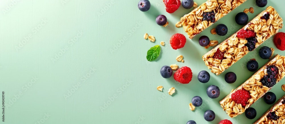 Poster top view of delectable homemade granola bars and fresh berries arranged on a pale green surface feat