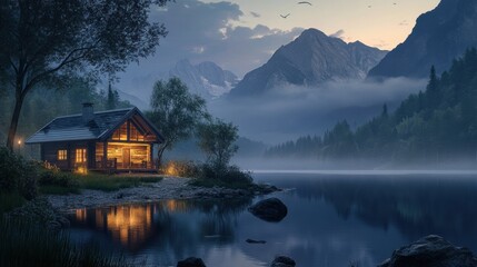Fototapeta premium Dusk setting with a wooden house glowing by a still lake, foggy peaks in the distance adding to the peaceful ambiance.