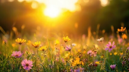 Wildflower meadow at sunset, with a golden glow illuminating the flowers